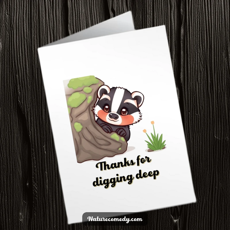 Funny Free Printable Thank You Card featuring a curious badger peeking, eyes wide with thankful wonder from behind a log.