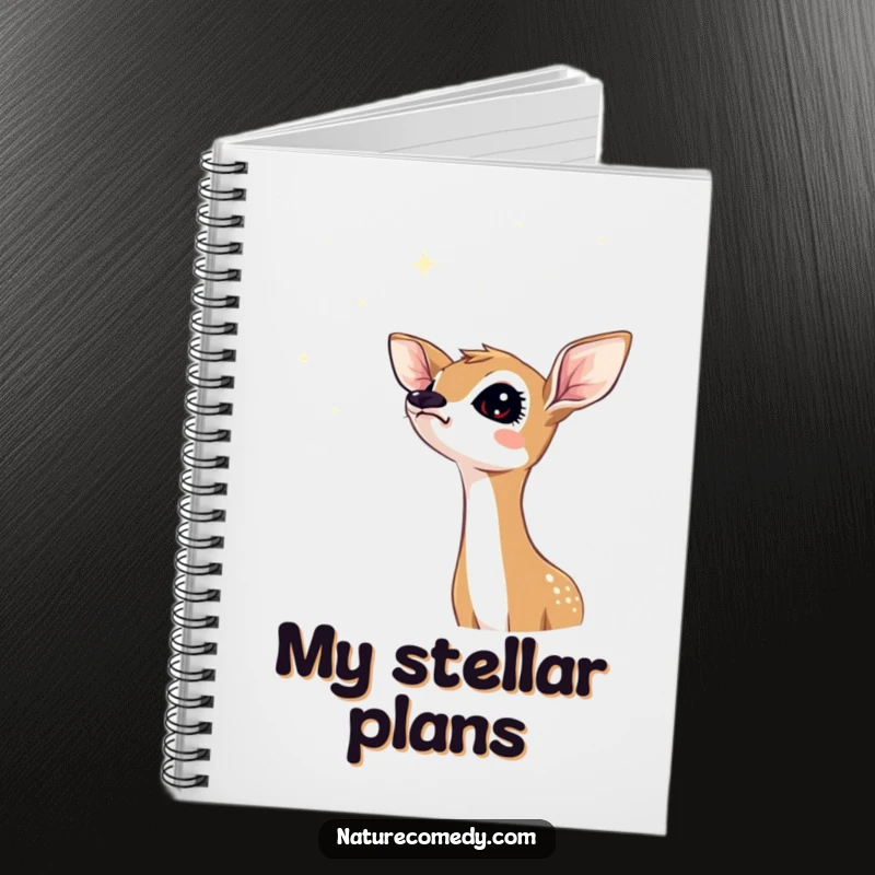 Funny fawn notebook, curious fawn looking up at a sky of shimmering stars, ideal for notes and dreams.