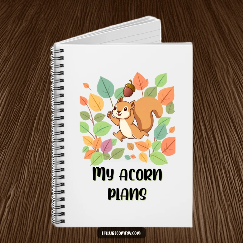 Funny notebook cover with a tiny squirrel leaping through vibrant autumn leaves, holding a small acorn aloft, symbolizing gathering ideas.