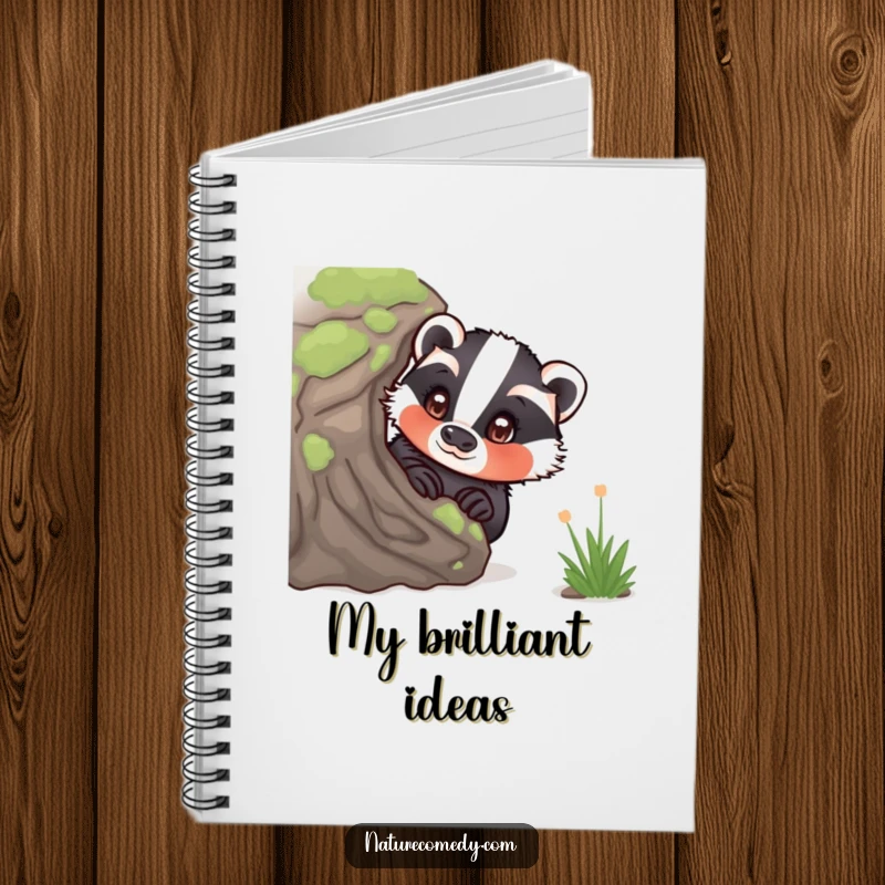 Funny curious badger notebook, peeking from behind a mossy log, eyes wide with wonder, perfect for capturing thoughts and ideas.