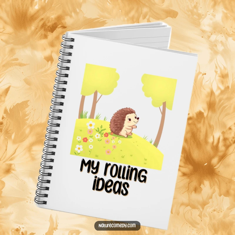 Funny hedgehog notebook, happy hedgehog rolling down a grassy hill, leaving a trail of flowers, ideal for notes.