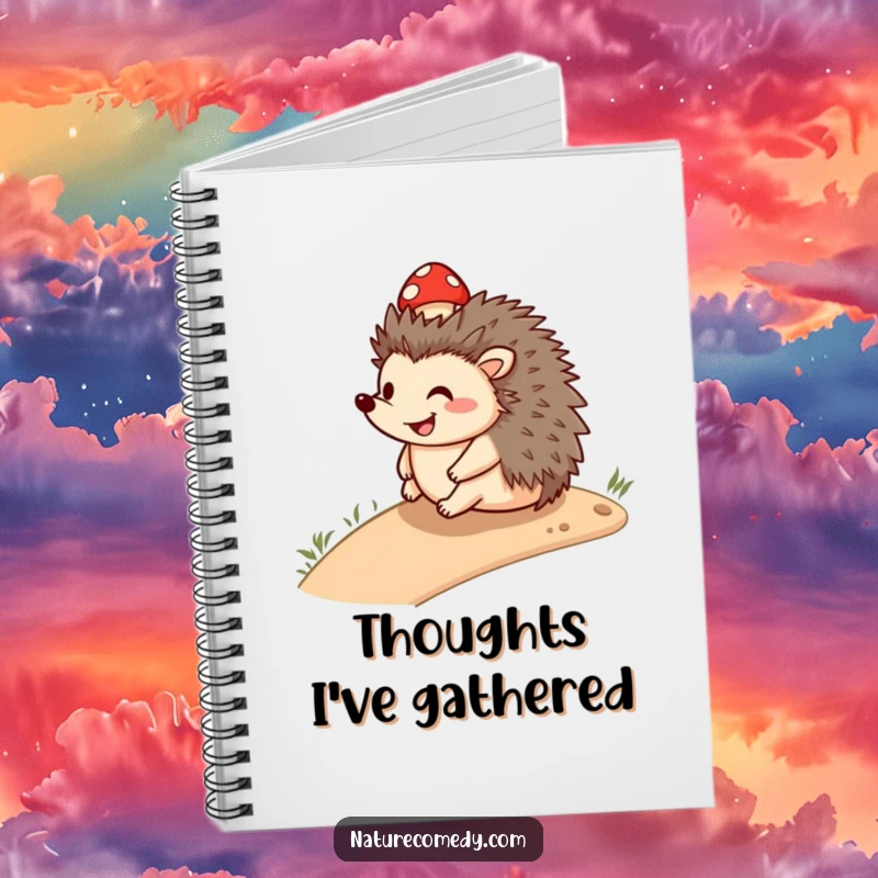 Funny smiling hedgehog notebook, rolling downhill with a small mushroom cap, ideal for capturing thoughts and creative ideas.