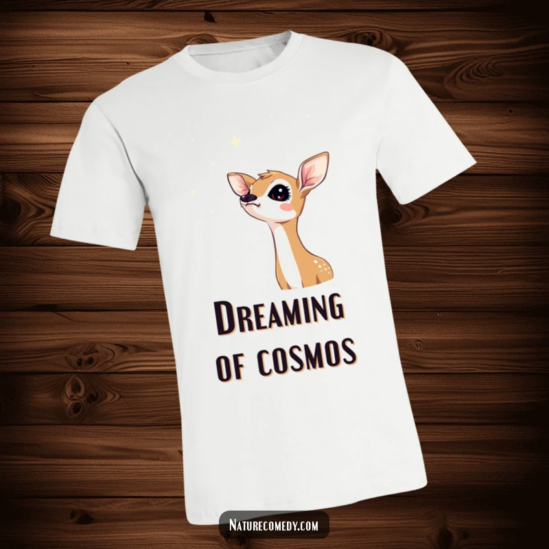Funny fawn t-shirt showing a curious fawn with head tilted, gazing up at a sky full of shimmering stars.