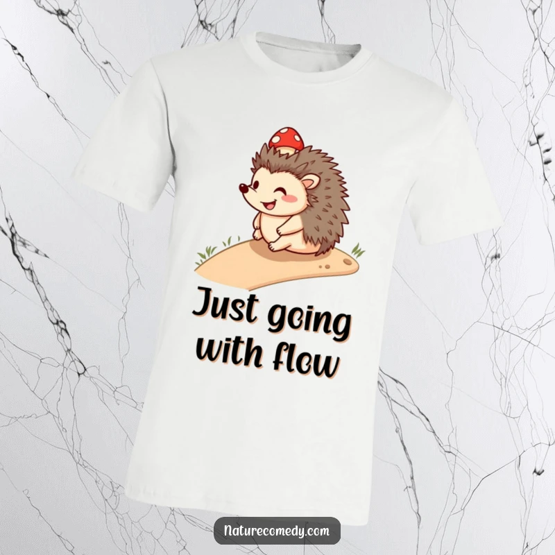 Funny smiling hedgehog t-shirt, rolling downhill with a small mushroom cap, showcasing a carefree and joyful personality.