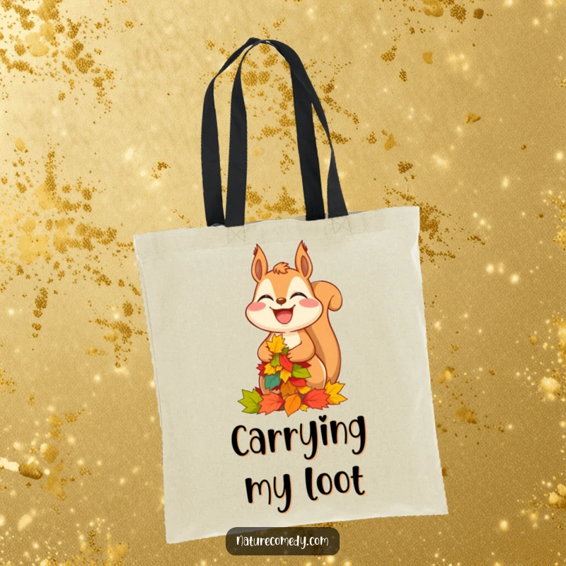 Funny squirrel tote bag, a laughing squirrel balancing a massive stack of colorful fall leaves, perfect for errands.