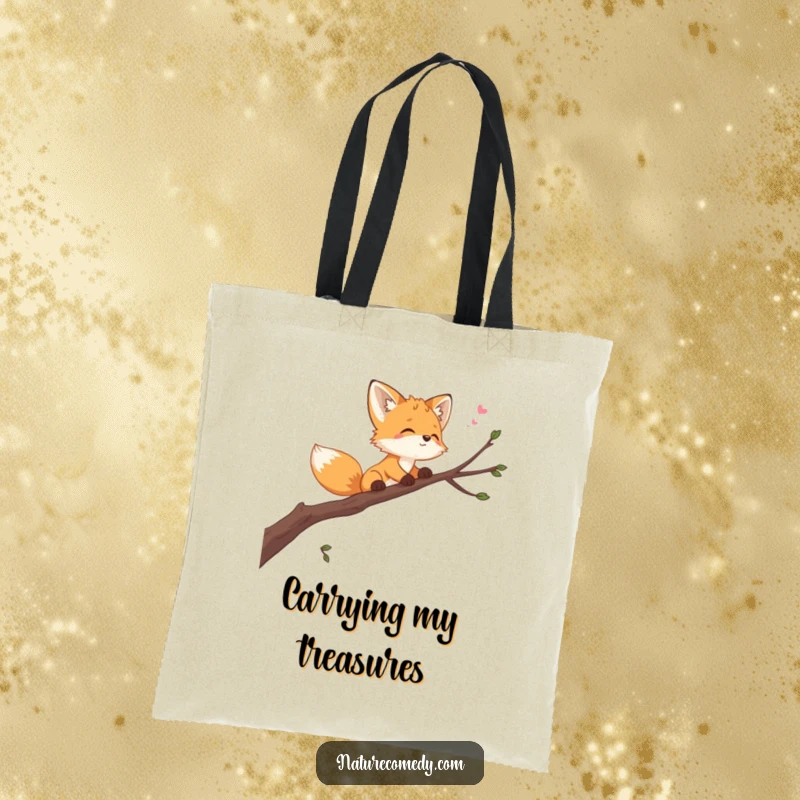 Funny playful fox cub tote bag, balancing on a swaying branch, looking at the sky, a cute and functional accessory for daily use.