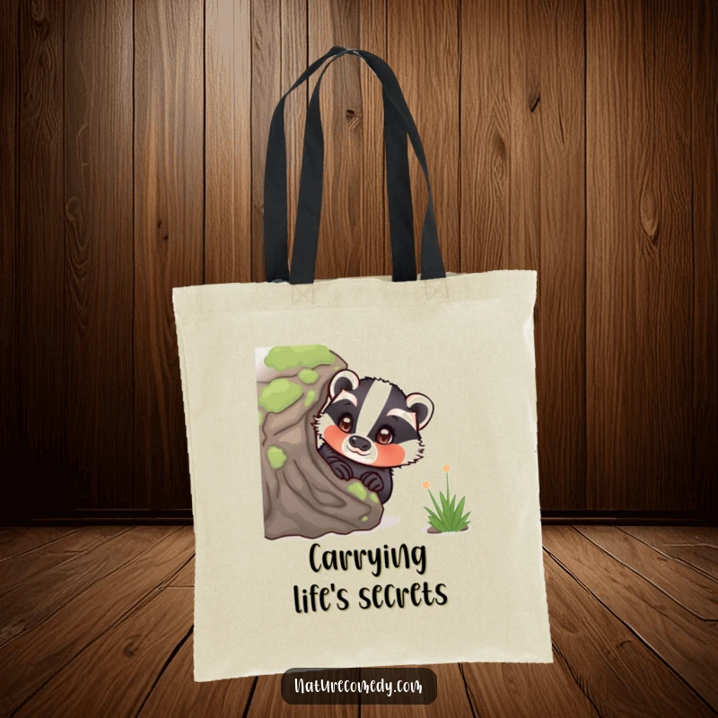 Funny curious badger tote bag, peeking from behind a mossy log, eyes wide with wonder, ideal for carrying essentials with charm.